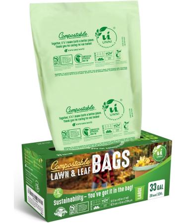 UNNI 100 Compostable Bags 30-33 Gallon 124 Liter 20 Count Extra Thick 1.1 Mils Lawn  Leaf Yard Waste Bag Non-GMO ASTM D6400 EN 13432 US BPI  Europe OK Compost Home Certified San Francisco 33 Gallon 20 Count (P
