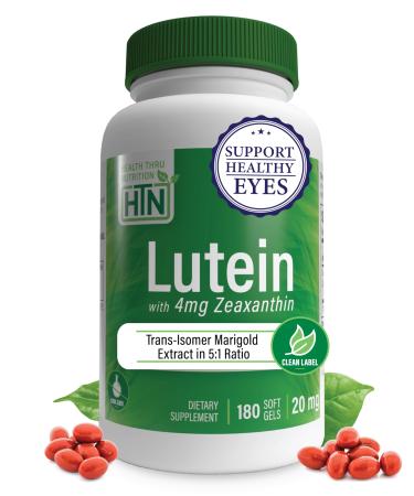 Lutein 20mg with Zeaxanthin 4mg 180 Softgels | All-Trans Marigold Extract in Nature Identical 5:1 Ratio | Supports Healthy Eye Skin and Brain | Non-GMO Soy & Gluten Free | by Health Thru Nutrition 180 Softgels (Pack of 1)