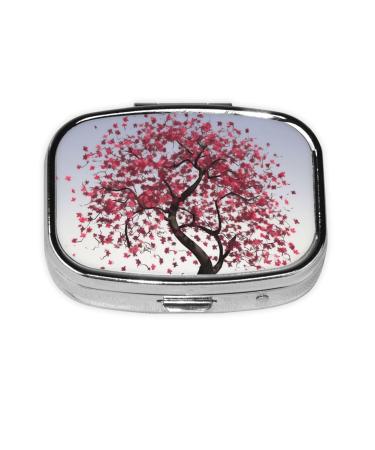 Japanese Cherry Tree Printing 2 Compartment Small Pill Case Cute Small Pill Box Purse Pill Boxs Travel Pill Organizer for Pocket Purse and Travel Gifts