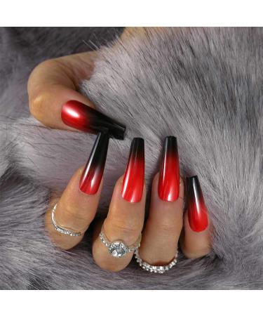 Uranian Coffin Press on Nails - Long Black Ombre Glossy False French Tip Nails for Halloween - 24pcs Red-Ombre Acrylic Nails - Buy Online on GoSupps.com