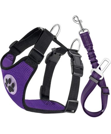 Lukovee Dog Safety Vest Harness with Seatbelt, Dog Car Harness Seat Belt Adjustable Pet Harnesses Double Breathable Mesh Fabric with Car Vehicle Connector Strap for Dog Medium A1- Purple
