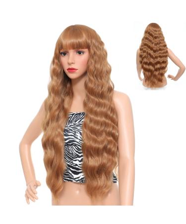 Sylhair Wig Women Brown Long Curly Wavy Synthetic Hair Wigs with Bangs for Women Long Wavy Wigs for Women