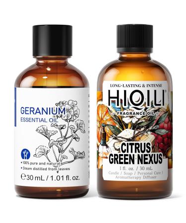 HIQILI 30ML Geranium Essential Oil & 30ML Citrus Green Fragrance Oil for DIY Diffuser