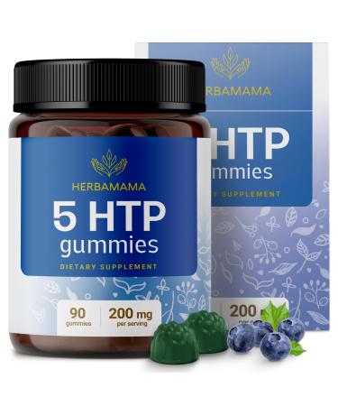 HERBAMAMA 5-HTP Brain Gummies - 5-HTP 200 mg Supplement for Brain Health Support - Vegan Gelatin-Free Non-GMO - 90 Blueberry-Flavored 5-Hydroxytryptophan Chews
