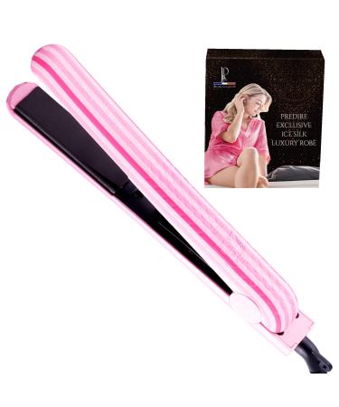 Royale Ionic Flat Iron Luxury Ceramic Tourmaline 2 in 1 Hair Straightener & Curler + Predire Robe - Single Pass Floating Plates Anti-Frizz 1" (Candy Stripes)