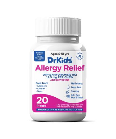 Dr. Kids Children's Allergy Relief Chewable Gels - Kids Chewable Antihistamine for Sneezing Runny Nose Itchy Eyes & Throat Pre-Measured Soft Chews Fantasy Fruit Flavor 20 Count