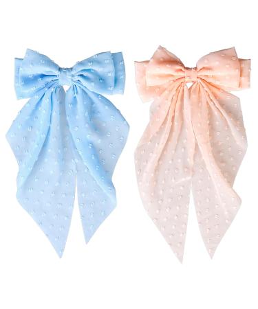 Silky Satin Hair Bows 2 PCS Big Pink/Blue Bow Hair Clips Set Bowknot Metal Spring Clip Oversized Long Tail Hair Ribbons Ponytail Holder French Hair Barrettes Hair Styling Accessories for Women