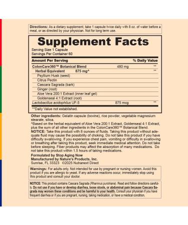 Stop Aging Now - Colon Support Supplement Pills for Men & Women - 60 Capsules - Daily Herbal Complex with Probiotics - Buy Online on GoSupps.com