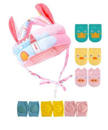 JunNeng Baby Walker Head Helmet Toddler Head Protector Bumper Bonnet with Knee Pads&Anti-Slip Socks (Pink Castle)