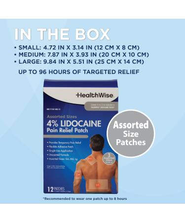 HealthWise Lidocaine Pain Patch | 4% OTC Lidocaine | 12-Count Assorted Sizes | Paraben-Free Formula | Temporarily Soothes Minor Aches and Pains | Unscented | Flexible Application - Buy Online on GoSupps.com