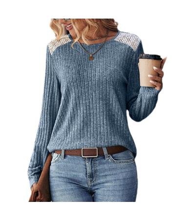 Women's Casual Top Ladies Shirt Sweater Lace Stitching Round Neck Long Sleeve Shopping for Girls Blue S