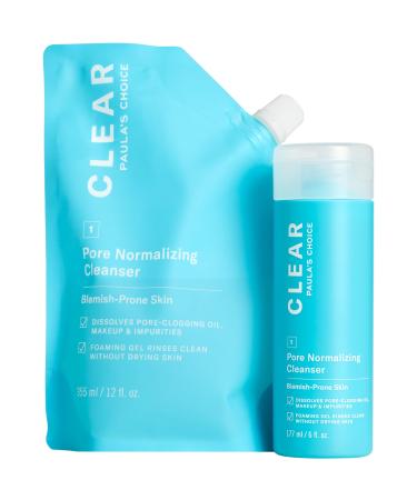 Paula's Choice CLEAR Pore Normalizing Cleanser Salicylic Acid Acne Face Wash for Large Pores Redness & Blackheads Bottle + Refill Pouch Kit - 18 Fl Oz