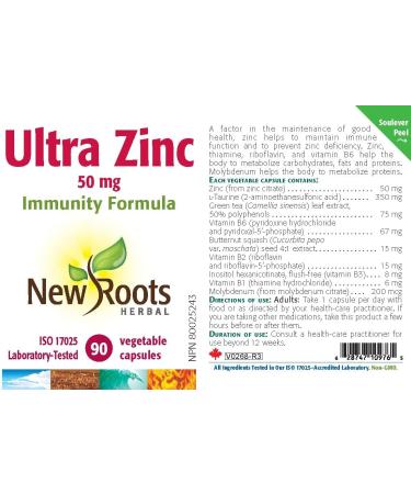 New Roots Herbal - Ultra Zinc 50mg 90 Capsules - Helps to Prevent Zinc Deficiency - Zinc Thiamine Riboflavin and Vitamin B6 Help the Body to Metabolize Carbohydrates Fats and Proteins Ultra Zinc 50 mg - Buy Online on GoSupps.com