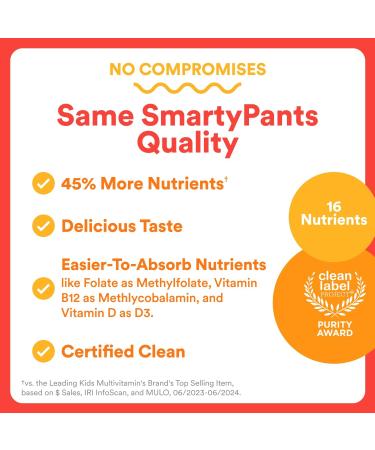 Smarty Pants Kids Multivitamin Gummies Improved Formula Omega 3 DHA/EPA Vitamins D3 C B12 B6 Vitamin A K & Zinc Gluten Free 60 Gummies - Three Fruit - Buy Online on GoSupps.com