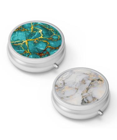 Pill dose 3 compartments Medicine Pill dose portable pill box for bag or wallet Pillendose Decorative Metal Medicine Vitamin Organizer Unique Gift (2 pieces) Set-2-Emerald Green Marble+Gray Marbling Gold 2 pieces