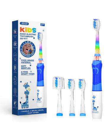 SEAGO Light Up Toothbrush for Kids  Kids Battery Toothbrushes wiith Soft Bristles  Kids Electric Toothbrush with 2mins Smart Timer  IPX7 Waterproof for Kids Age of 3+ Blue