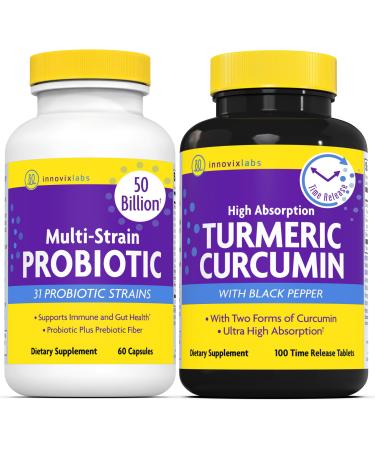 InnovixLabs Multi Probiotic & Curcumin Bundle Multi-Strain Probiotic (60 Time-Release Capsules) Turmeric Curcumin (100 Time-Release Tablets). Supports Gut and Immune Health. *