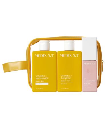 MEDIX Vitamin C Cream + Wash + Hyaluronic Acid Serum 3PC Travel Kit Skin Care Set - Vitamin C Body Lotion & Body Wash + 3% Hyaluronic Serum Skincare Set To Improve Look Of Dark Spots & Dry Skin 3PC