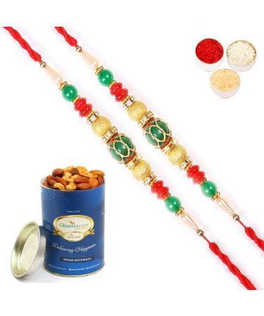 Ghasitaram Gifts Rakhi for Brother Rakhis Online - Set of 2-2K-270 Fancy Thread Rakhis with 100 GMS of Dryfruits Mix Can 2 Rakhi with 100 gms of Dryfruits Mix Can