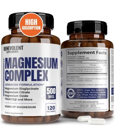 Magnesium Complex 500mg - Magnesium Glycinate Oxide Taurate Bisglycinate Chelate TRAACS Magnesium Citrate Max Absorption Supplement for Sleep Leg Cramps  Headaches - 120 Vegan Non-GMO Capsules