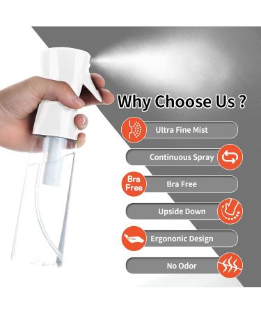 Sandiyago Continuous Water Spray Bottle 300ml Fine Mist Empty Hair Spray Bottle Plastic Water Mist Sprayer for Hairstyling Cleaning Plants Misting Essential Oil White Transparent - Buy Online on GoSupps.com
