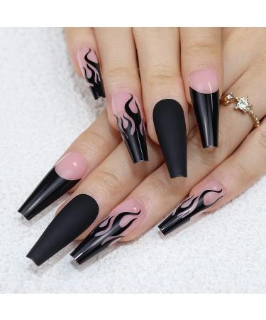 IMSOHOT 30Pcs Long Glossy Flame Coffin Press on Nails | Full Cover Stick on Acrylic False Nails for Women and Girls - Buy Online on GoSupps.com