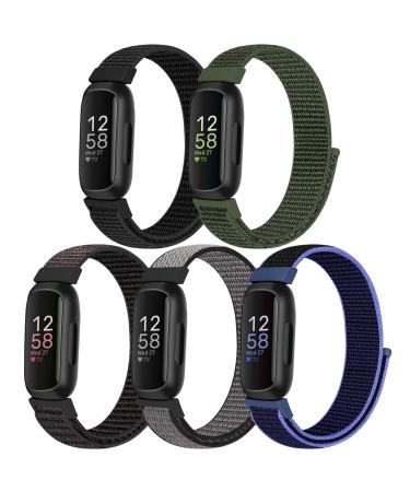 Bcuckood Compatible with Fitbit Inspire 3/Inspire 2/Inspire HR/Inspire/Ace 3/Ace 2 Women Men Kids Nylon Sport Loop Bands Soft Breathable Replacement Wristband Straps Dark Black+Navy Green+Iron Grey+Official Black+New Midnight Blue