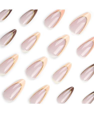 Buy Mouyouglow Press On Nails - Short Almond Nude Pumpkin with Gold Glitter | Durable Artificial Fingernails & Nail Glue - Buy Online on GoSupps.com