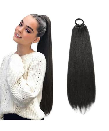 32inch Long Braid Ponytail Extension with Elastic Tie Sleek Straight Braids Ponytail Natural Soft Synthetic Hairpiece for Women Girls (#1B 32INCH/80CM) 32INCH/80CM #1B