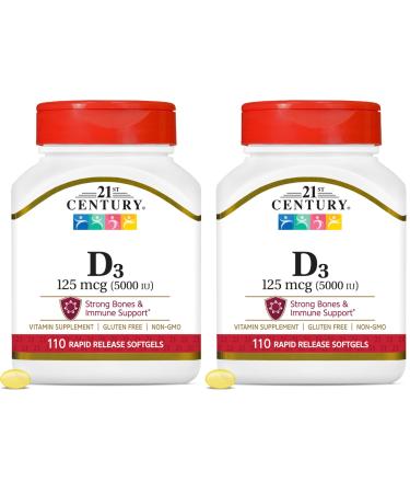 21st Century Healthcare Vitamin D3 125 mcg (5,000 IU) Rapid Release Softgels, 110 Count (Pack of 2)