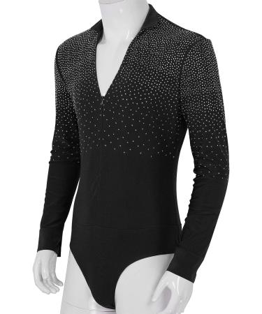 XUNZOO Men's Latin Ballet Ballroom Dance Leotard | Long Sleeve Mesh Splice | Shiny Rhinestones | Black Zipper | Medium - Buy Online on GoSupps.com