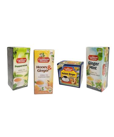 Caribbean Dreams Variety Tea Bundle Peppermint Honey & Ginger Ginger Mint and Instant Ginger Crystals (4-Pack)