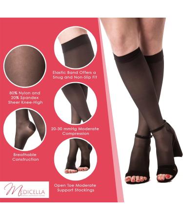 Medicella Sheer Knee High Compression Socks - Open Toe 20-30 mmHg - Medical Quality Circulation Support - Made in USA - Black Medium - Buy Online on GoSupps.com