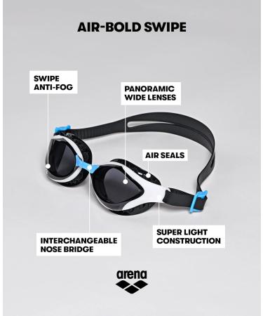 Shop Arena Air-Bold Swipe Swimming Goggles | Unisex UV Protection Glasses with Anti-Fog & Air Seals - Large Size Clear White Black - Buy Online on GoSupps.com