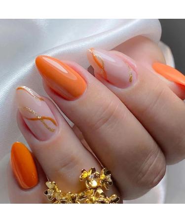 Almond Press on Nails Medium Orange Fake Nails with Gold Glitter and Stripes Designs Glossy Glue on Nails Full Cover Acrylic False Nails for Women Girls Nail Decorations  24Pcs almond nail with design14