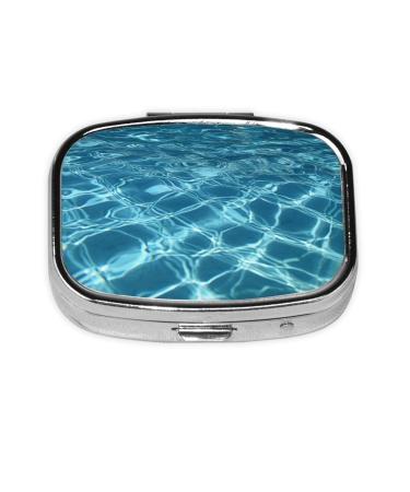 Swimming Pool Water Printing 2 Compartment Small Pill Case Cute Small Pill Box Purse Pill Boxs Travel Pill Organizer for Pocket Purse and Travel Gifts