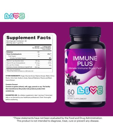 LIVS Immune Plus Gummies Elderberry Extract with Vitamin C D3 & Zinc | Plant Based Immune Support Supplements for Adults & Kids | Gluten Free & Chewable Elderberry Flavored Gummy Vitamins - 120 Ct Immune Plus 1 Count (P  - Buy Online on GoSupps.com