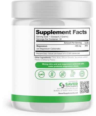 Saver Supplements Magnesium Powder - Anti-Stress Drink Mix for Calm & Regularity - Magnesium Citrate Supplement - Relaxation Muscle & Heart Support - Cranberry Lemonade Flavor - 30 Servings - Buy Online on GoSupps.com