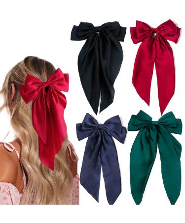 4 Pieces Silky Satin Hair Bows Ribbon Hair Barrettes Clip for Women Large Bow Hair Slides Metal Clips French Barrette Long Tail Hair Accessories Soft Solid Plain Color Girl Hairpin Black Red Navy blue Dark green
