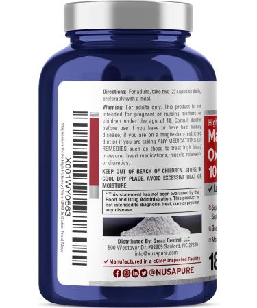 Pure Magnesium Oxide 1000mg | 180 Veggie Caps | Non-GMO & Gluten Free - Buy Online on GoSupps.com