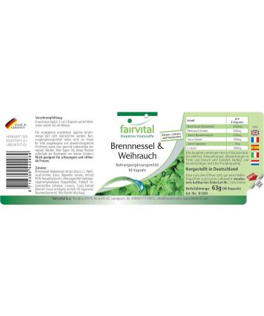 Fairvital | Nettle and incense - 20 days - VEGAN - Highly dosed - 4000mg of Nettle Leaf Extract per daily dose - 90 capsules - Boswellia serrata with at least 65% boswellic acids. - Buy Online on GoSupps.com