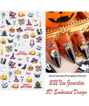 Halloween Nail Art Stickers Xcreando 5D Embossed Nail Decals Design with Skull Bones Ghost Witch Pumpkin Bat Lips Self-Adhesive Thick DIY 3D Nail Art Supplies for Halloween Days Party Cosplay Decorations 5 Sheets - Buy Online on GoSupps.com