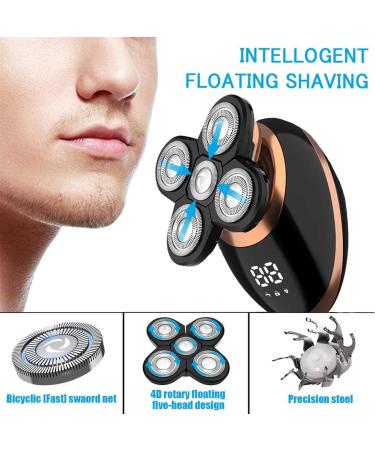 Electric Shaver Razor for Men Mens Shaver Trimmer Grooming 5 in 1 Rotary Cordless Hair Clippers for Perfect Bald Look with 4D Floating 5 Razor Head LED Display IPX7 Waterproof Quick USB Rechargeable Gold - Buy Online on GoSupps.com