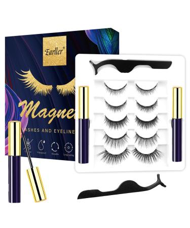 EARLLER Natural Magnetic Eyelashes with Eyeliner, 5 Pairs Dramatic Magnetic Lashes Kit Natural Look, 3D & 5D Reusable Short and Long Magnetic Eyelashes Set A-AP5205