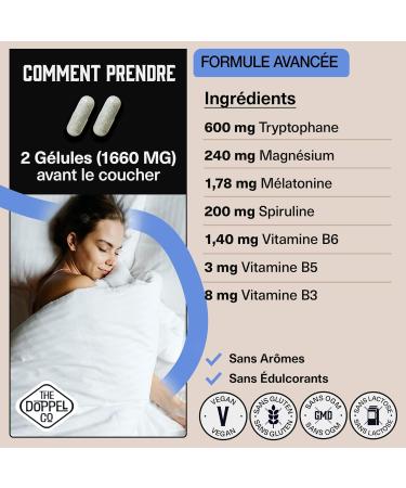 Tryptophan with Melatonin and Magnesium + Vitamin B6 B5 B3 + Spirulina | 180 Capsules | 1.78mg Melatonin | 600mg Tryptophan for Sleeping Well | Energy Concentration Stress - Buy Online on GoSupps.com