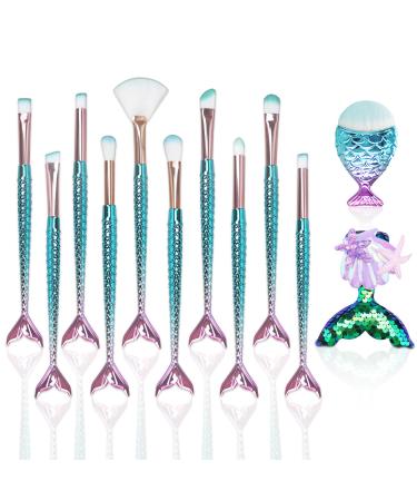 12 Pieces Makeup Brush Set with Mermaid Beauty Hair Clip Women Cosmetic Brush Set Foundation Powder Cream Eyebrow Eyeliner Blush Cosmetic Concealer Brush Children Girls Christmas Make Up