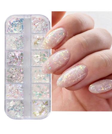 Holographic Nail Art Glitter Iridescent Flakes Nail Foil 12 Grids Mermaid Bright Colorful Star Gradient Ice Slag Nail Sequins Paillettes Summer Nail Art Decoration