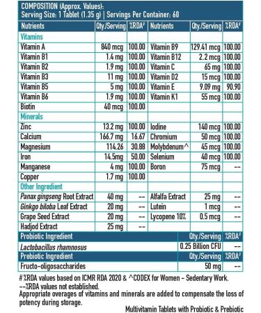 Health'Kart HK Vitals Multivitamin with Probiotics Vitamin C Vitamin B Vitamin D & Zinc Supports Immunity and Gut Health For Men and Women 60 Multivitamin Tablets - Buy Online on GoSupps.com