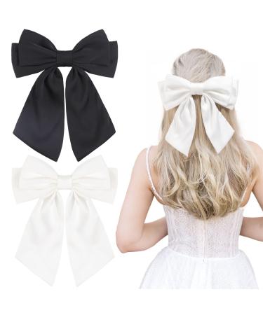 2Pcs Big Satin Layered Hair Bows for Women Girls 8 Inch Large Hair Clip Long Ribbon Bows Barrette French Style Hair Accessories (White+Black)