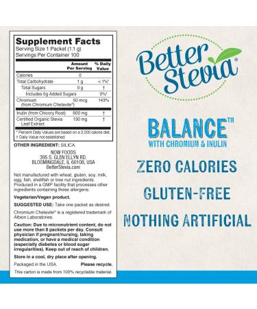 NOW Foods Better Stevia Balance with Chromium and Inulin - Zero-Calories, Gluten-Free, Kosher - 100 Packets - Buy Online on GoSupps.com